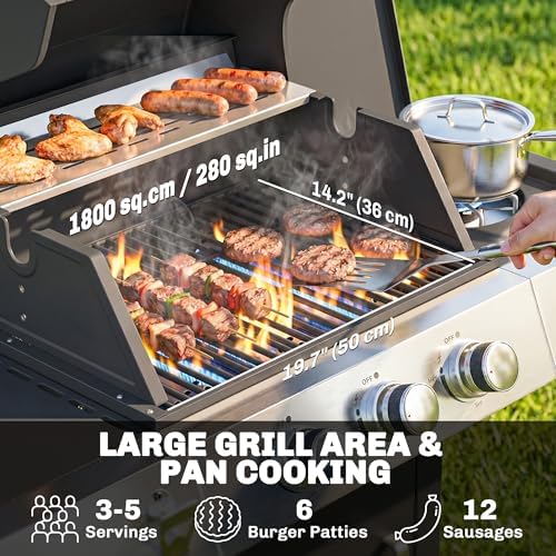 Outsunny 3 Burner Propane Gas Grill with Side Burner, 36,000 BTU BBQ Grill, Propane BBQ with Cast Iron Grates, Wheels, Warming Rack, Side Tables, Cabinet, Thermometer - 2