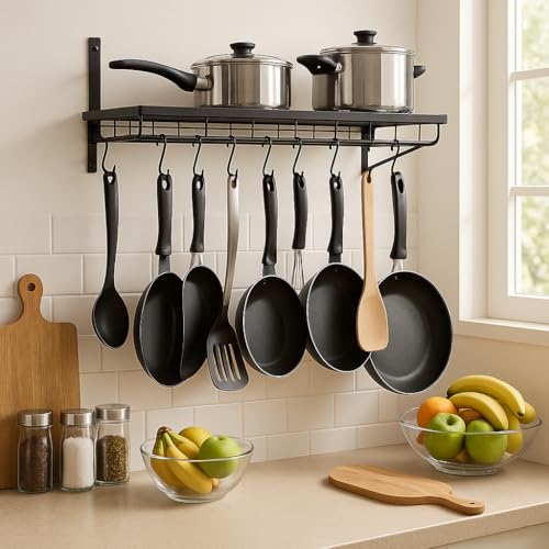 Image of Wall Mounted Dish Rack Organizer for Kitchen - Iron Dish Drying Rack with 10 S-Shape Hooks, Space-Saving Black Dish Drainer, 16 x 8 x 4 Inches
