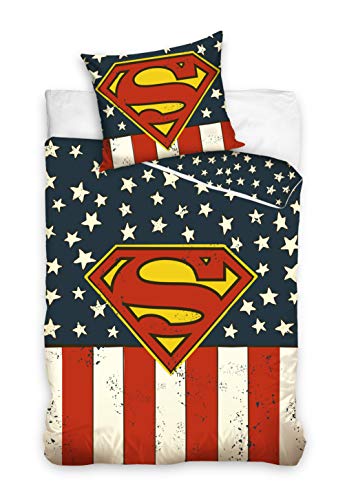 DHestia - Superman América Juego de Cama 100% Algodón Funda Nórdica + Funda Cojín. 160x200 cm -...