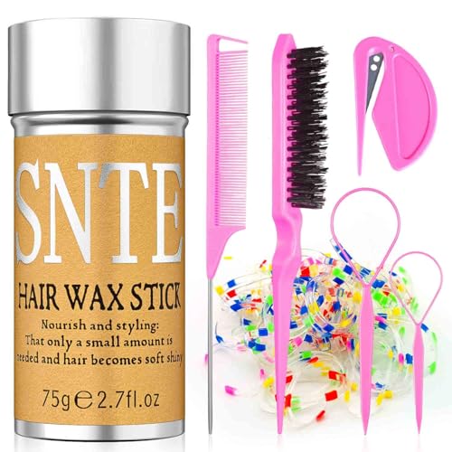 Hair Ties & Wax Stick Set for Frizz Control Smooth Flyaways Braid & Edge - 100 Colorful Elastic Rubber Bands 2 Topsy Tail Tools 1 Hair Tie Cutter & 2 Brushes - Styling Accessories for Girls & Kids