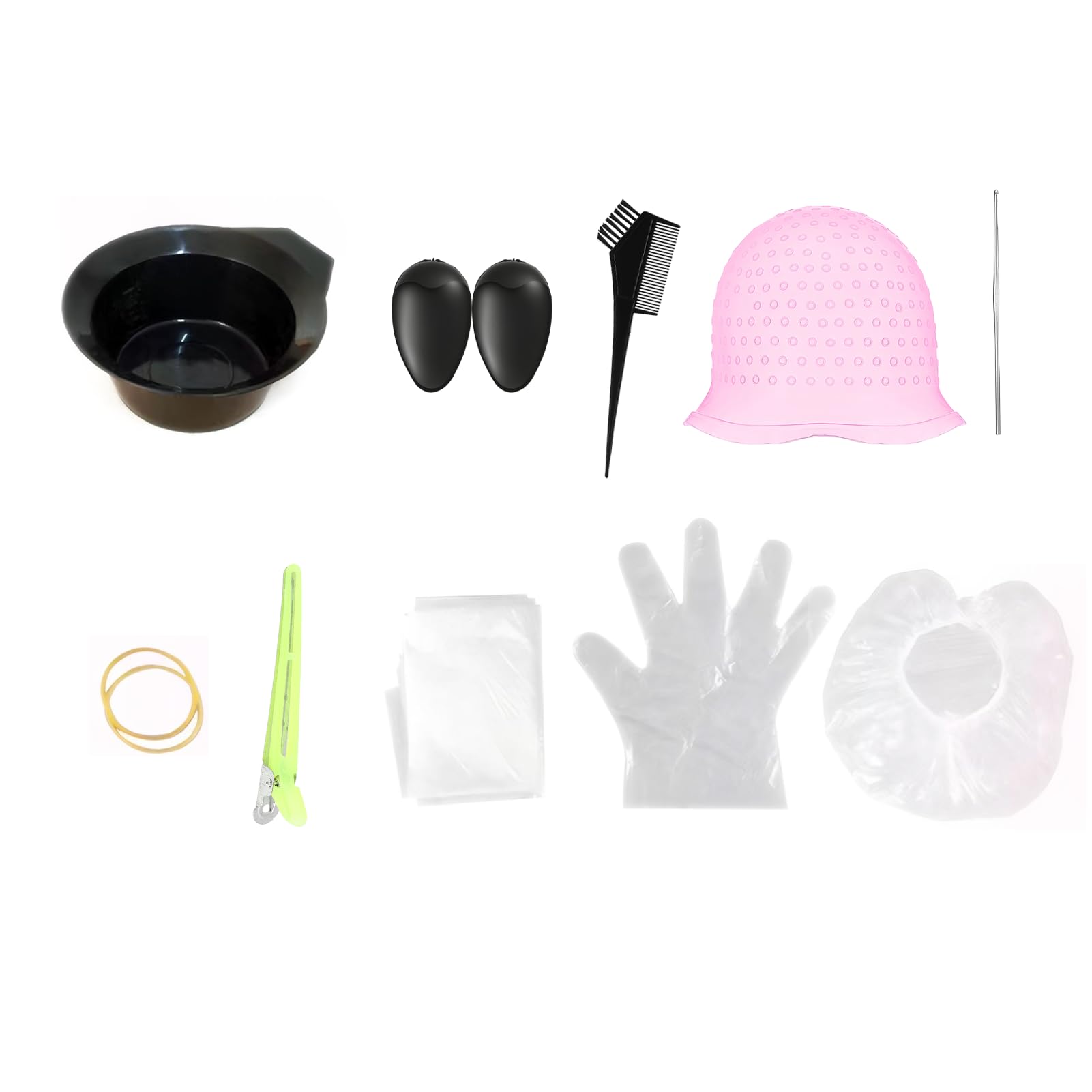 Set completo di 10 cappucci in silicone forato con ago, pennello colorante per capelli, paraorecchie e conchiglia colorante, ideale per ciocche fai da te a casa e in salone