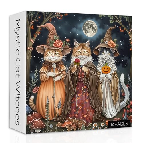 Rompecabezas para adultos de 1000 piezas: gatos brujas fantásticos con flores, escena mágica de otoño con calabaza y gatitos miniatura 1
