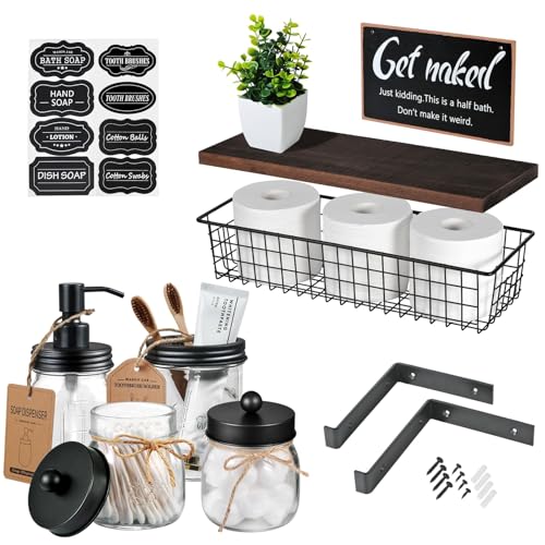 SheeChung 9 Pcs Mason Jars Bathroom Accessories Set Complete - Rustic Brown