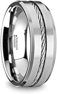 LANNISTER Men's Tungsten Flat Wedding Band Ring with Center Steel Wire Cable Inlay Beveled Edges 8mm Wide Custom Personalized Inside Engraved