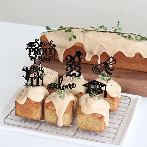 24 Pack Black 2023 Graduation Cupcake Toppers Glitter So Proud Of You Done Diploma Grad Cap Cupcake Picks You Did It Cake Decorations For 2023 Graduation Theme Party Decorations Supplies #TOP3