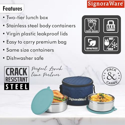 Image of SignoraWare Big Meal Stainless Steel Container Set | Airtight & Leakproof | Durable & Rust-Free | Ideal for Office, School, Home & Outdoor Use (800ml+800ml | Set of 2 | EBlue)