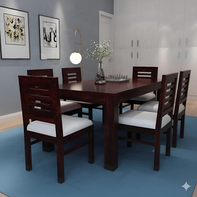 Image of Solid Sheesham Wood Six Seater Urban Design Dining Table Set for Dining Room | Restaurant | Wooden Dining Table with Six Chairs| Color Finish - Mahogany Finish|
