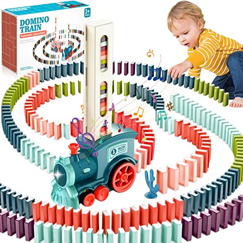 NCKIHRKK Ensemble de Jouets de Train Electrique Domino,160 Pcs de Blocs Domino Électrique Train,Automatique Train de Pose Domino avec lumières et Musique,pour Filles et Garçons 3 Ans et Plus (Bleu) Cover