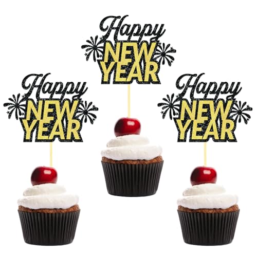 Nouvel An Decoration Cupcake Topper, 2026 Happy New Year Decoration de Gâteau,Bonne Année Cake Topper Deco pour la Fête Nouvel An (Noir et Or)