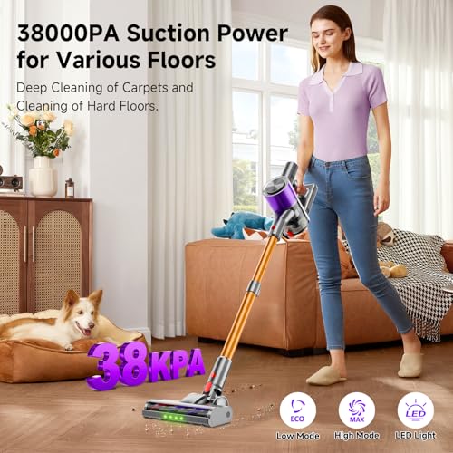 Image of Cordless Stick Vacuum Cleaner, 40Kpa Powerful Suction Vacuum Cleaner with LED Headlight, Detachable Battery, 8-in-1 Lightweight Handheld Vacuums for Pet Hair Carpet and Hardwood Floor, Purple
