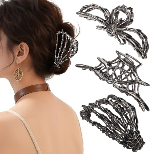 3 Stück Spinnennetz Haarklammern Skeletthand Claw Clip Halloween Accessoires im Punk und Y2K-Stil Haarspangen mit Skull Spider Spinnennetz Design für Damen Halloween Mode Haarschmuck