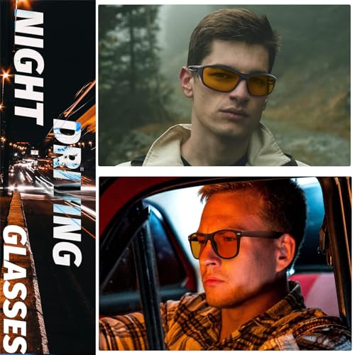 Joopin Big Square & Sport Night Vision Glasses Bundle, Trendy Anti Glare Night Glasses UV Protection Vintage Nighttime Sunglasses Retro Yellow Shades for Men Women2