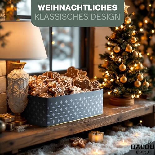 BALOU LIVING 5er Set Keksdose Weihnachten eckig - Weihnachtskeksdosen groß aus Metall - Weihnachtliche Plätzchendose Blechdose, Sterne grau/weiß