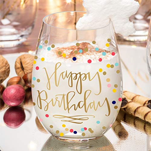 14K Gold Leaf Happy Birthday Colored Party Dots 19Oz Stemless Wine Glass By Fine Occasion #TOP3