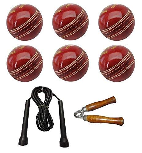 RPM store Sports Hand Grip and Skipping Rope and Leather Cricket Ball, Red -Set of 6 Balls