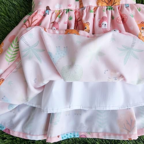 Image of Stanwells Kids Baby Girls Off-White Animal Print Cotton Rayon Knee-Length Frock | Sleeveless Summer Dress with Lion Print & Flared Back Zipper (6 Months-7 Years)