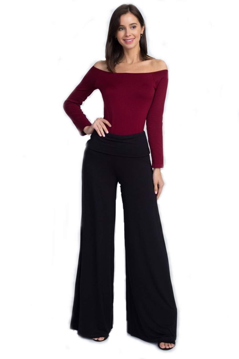 Yelete Ladys Mid Rise Wide Leg Pants with Foldable Waistband