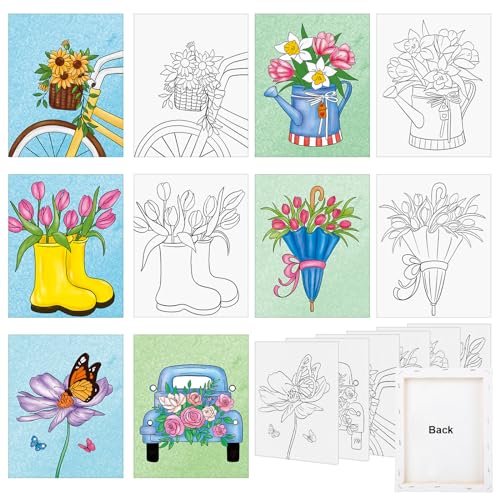 COCHIE 6 Pack 8x10 Inches Spring Flower Pre Drawn Canvas to Paint for Sip and Paint Party, Pre Printed Framed Canvases Set, Umbrella Butterfly Truck Pre Sketched Canvas for Painting for Adults Kids