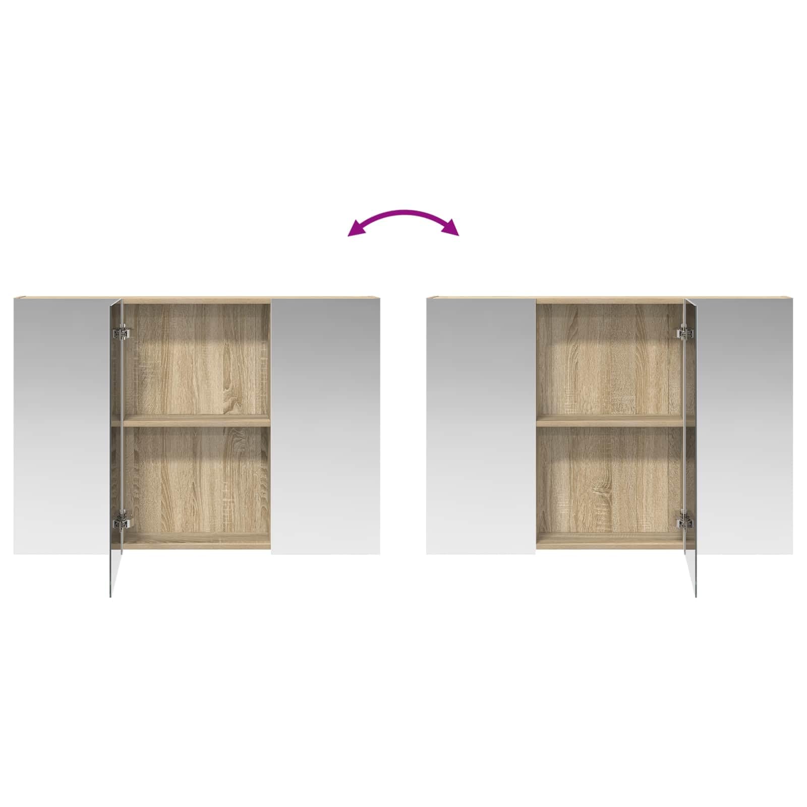 Armadietto da bagno a specchio in rovere Sonoma, 100 x 14,5 x 70 cm, con vano portaoggetti, specchio su entrambi i lati, montaggio a parete, con 2 ripiani, per bagno e bagno degli ospiti