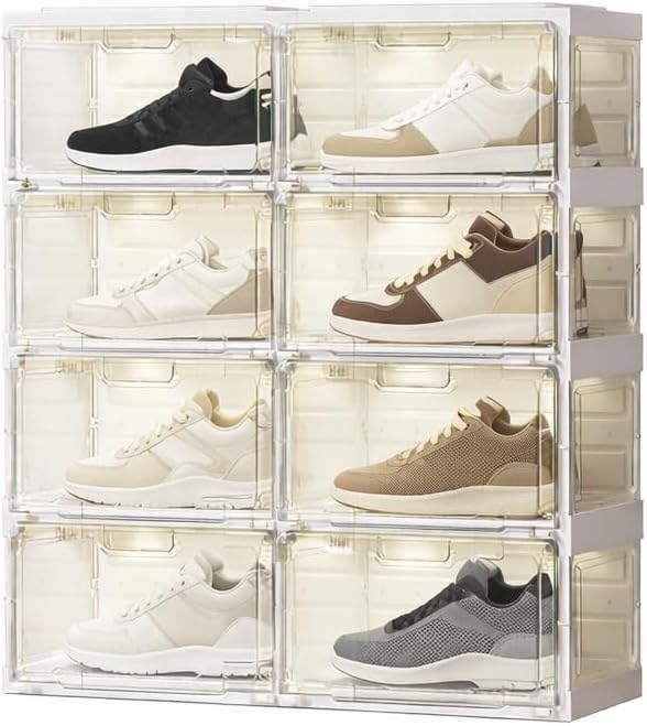 Shoe Storage Box with Light and Wheels - 8 Pairs-2 Rows | Sneaker Organizer, Transparent Door and Sides, Plastic Shoe Crates | Waterproof Shoe Rack Cover | Shoe Rack for Home, Closet Organizer