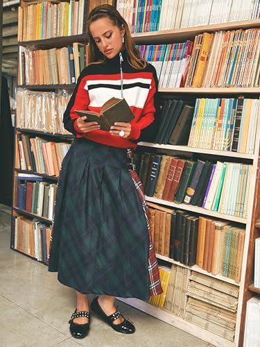 CIDER Plaid Skirts for Women Patched Check Buckle Maxi Mid Waist Long Women Casual Skirt2