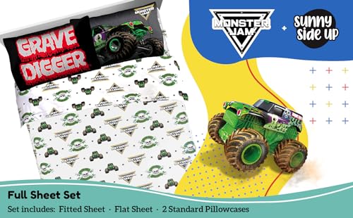 Image of Sunny Side Up Monster Jam Grave Digger Full Sheet Set - 4 Piece Kids Bedding Set Includes Pillow Cover - Super Soft Microfiber Sheets
