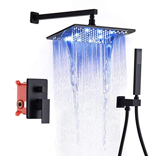 DEOLER Matte Black LED Rain Shower System with 10 Inches Copper 3 Color Led Rainfall Shower Head and Handheld Shower Wall Mounted LED Shower Faucets Sets Complete with Balanced Trim Valve DEOLER Matte Black LED Rain Shower System with 10 Inches Copper 3 Color Led Rainfall Shower Head and Handheld Shower Wall Mounted LED Shower Faucets Sets Complete with Balanced Trim Valve