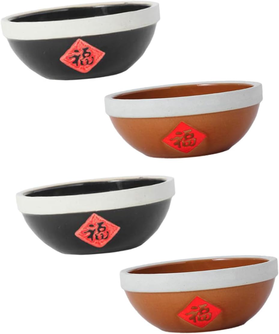 Ciieeo 4pcs Fu Character Rice Bowls Creative Vintage Style Dinnerware for Home Restaurant and Events Unique Salad and Food Serving Bowls and Antique