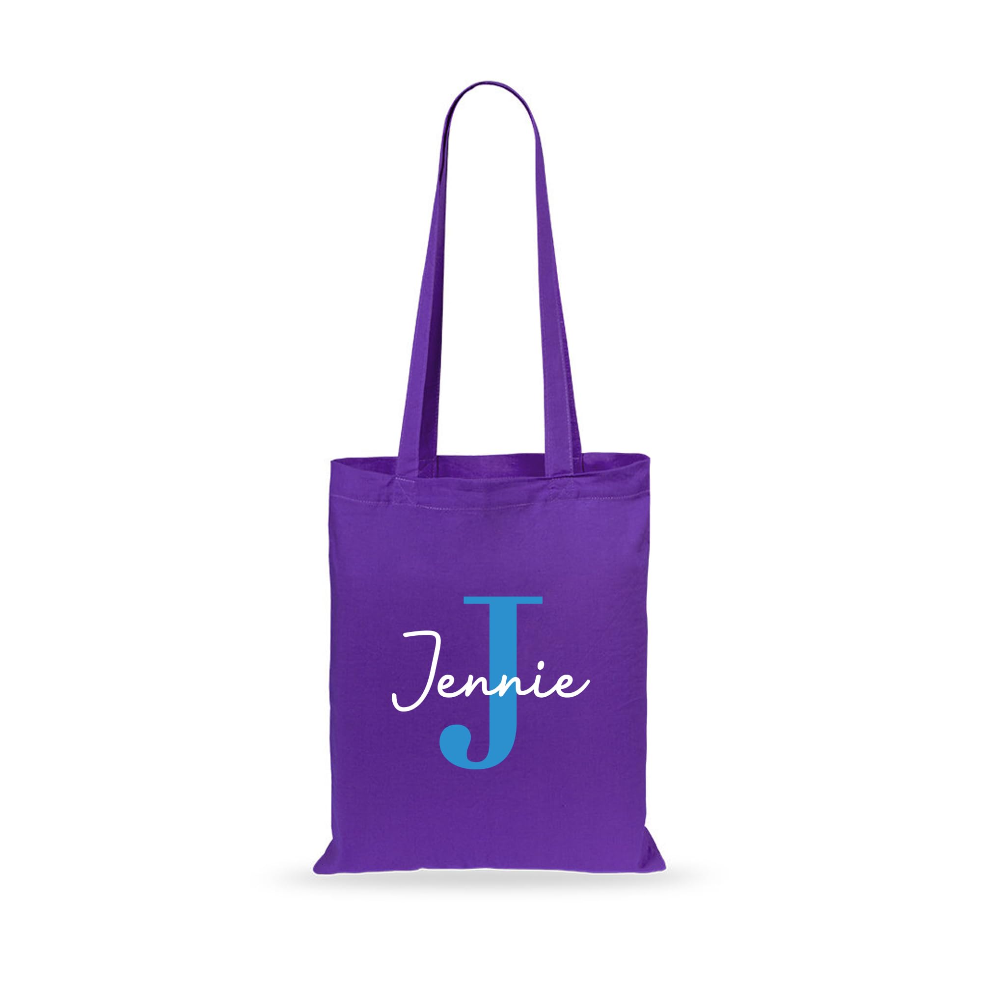 eBuyGB Personalised Tote Bag, Custom Alphabet Cotton Shopper with Blue Initial & Name, Perfect for Daily Activities, School, Shopping, Occasions; Size 15.75" x 14.17"; Color: Purple