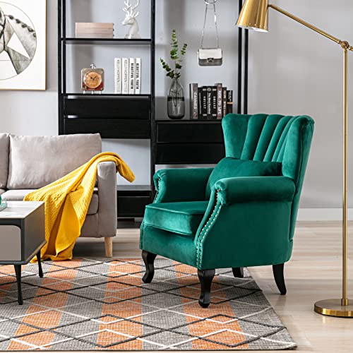 LZAREAL Accent Reading Arm Chairs Set of 2 Midcentury Modern Comfy Corner Sofa Chair, Wingback Waiting Room Club Chair with Tufted Back for Living Room/Bedroom/Reception Room, Velvet Green