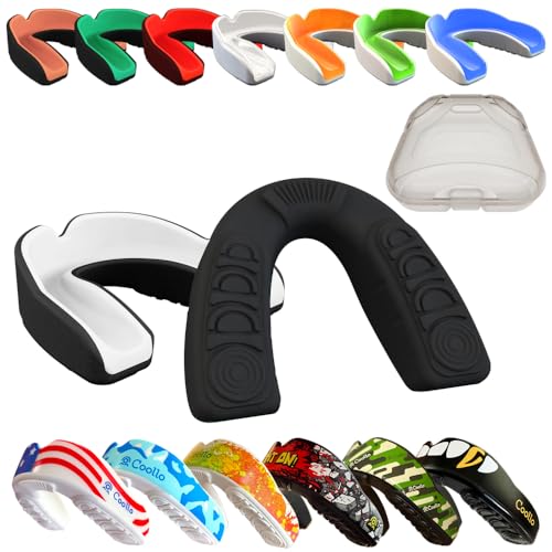 COOLLO SPORTS Boil and Bite - Protector bucal (jóvenes y adultos) boquilla deportiva de ajuste personalizado para fútbol, hockey, rugby, lacrosse, boxeo, MMA (funda gratuita incluida) (blanco y negro