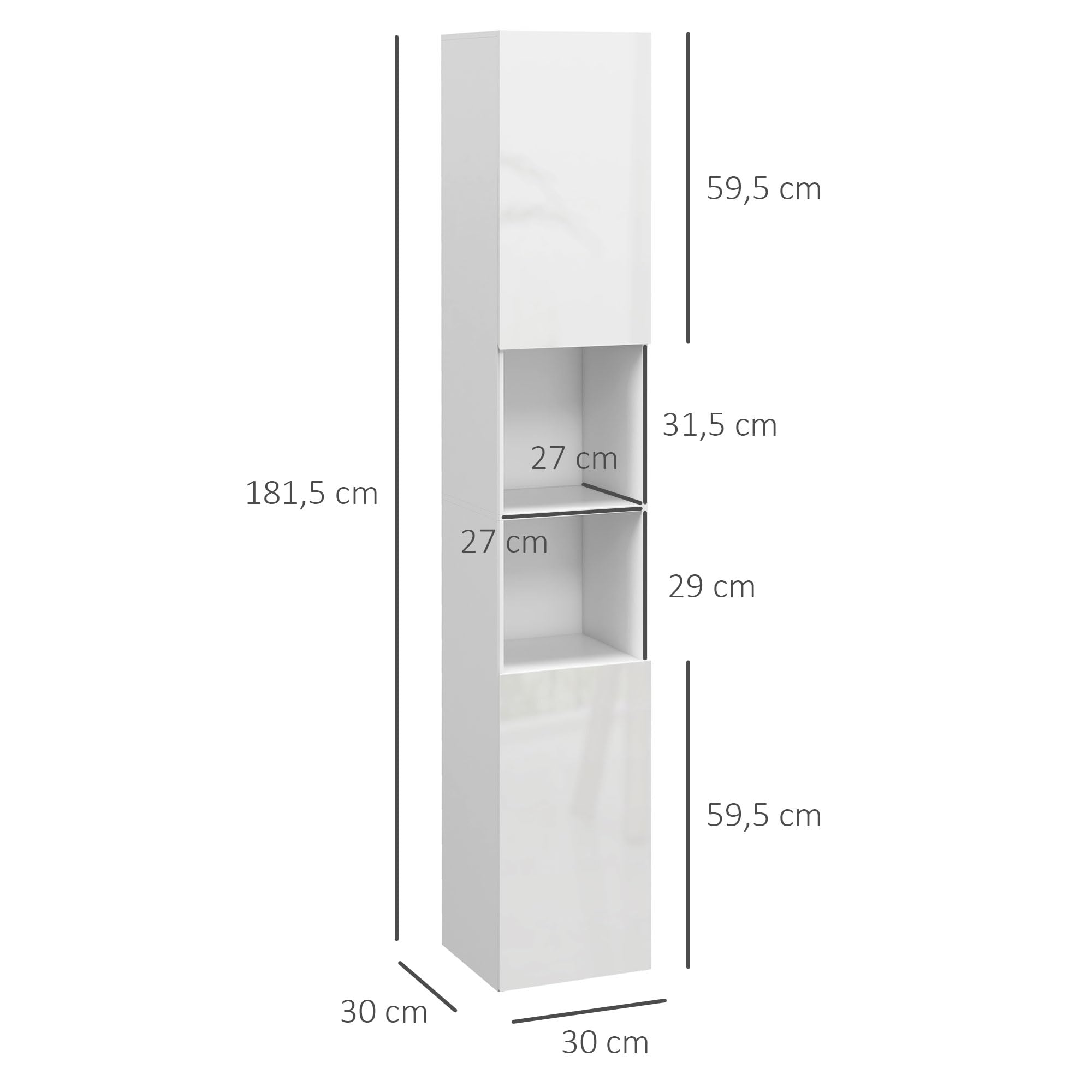kleankin Meuble colonne de salle de bain, armoire de rangement haute, finition brillante, étagères réglables, 2 placards et 2 niches, étagère de rangement pour salle de bain, 30 x 30 x 181,5 cm, blanc