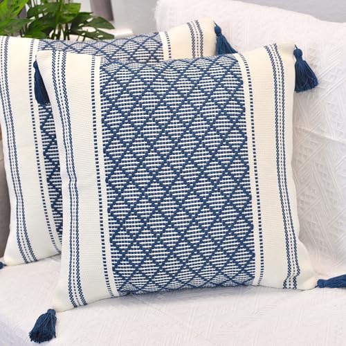 Oveesha Boho Throw Pillow Covers with Tassels Navy Blue/Off White, 18x18 inch - Set of/Decorative Living Room Cushion Covers/Farmhouse Designer Woven Pillowcases/Modern Accent Cushion Covers