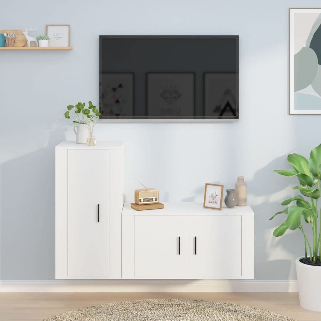 2-TLG. TV-Schrank-Set Weiß, Holzwerkstoff, Hängend, Modernes Media-Center mit Stauraum für Wohnzimmer, Schlafzimmer, 80x34,5x40cm & 40x34,5x80cm