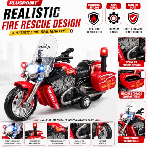 Image of PLUSPOINT Fire Rescue Bike Toy for Kids | Friction Powered Push & Go Fire Motorcycle with Lights & Music | Emergency Rescue Vehicle Simulation Toy for Boys & Girls Age 3-6 Years