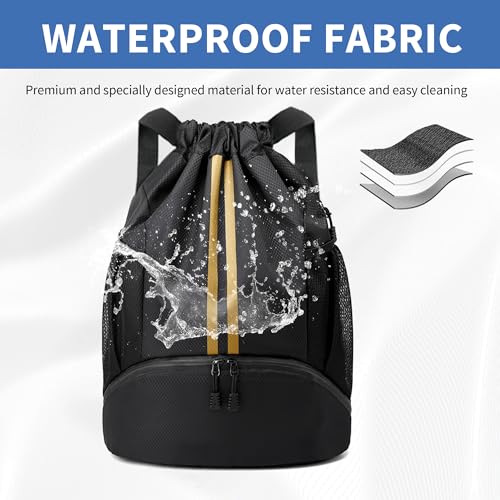 Image of JELUTAR Drawstring Backpack Gym Bag with Shoes Pocket, Black Gold | Water-Resistant String Backpack for Soccer, Basketball, Swim, Beach Cinch for Women Men, 18 L Large Capacity, Wet Pocket