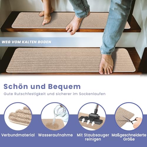 Homwiz Treppenstufen Matten, Stufenmatten Selbstklebend Innen 15 Stück, Treppenstufen Antirutsch Zuschneidbar Wiederverwendbar für Schützen Sie Haustiere, Senioren Kinder (Beige, 76cm x 20cm)