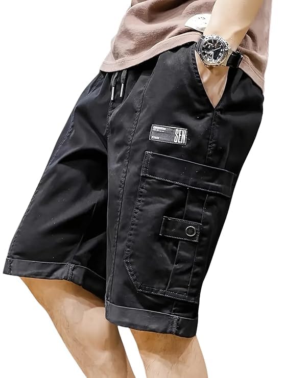Image of Men's 100% Pure Cotton Cargo Shorts | Regular Fit Knee Length Utility Shorts with Multiple Pockets | Casual Outdoor Summer Wear Shorts for Men