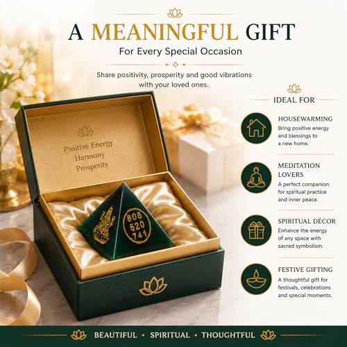 Image of Green Aventurine Pyramid with Shri Yantra, Laxmi, Zibu Coin & Money Magnet Symbols | Crystal Energy Pyramid for Wealth Enhancement, Prosperity, Financial Growth, Reiki Healing, Vastu & Feng Shui
