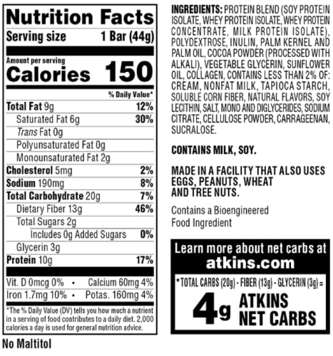 Image of Atkins Caramel Double Chocolate Crunch Snack Bar, Protein Snack, High in Fiber, 2g Sugar, Keto Friendly, 5 Count