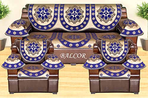 Image of Cotton 12 PCs Design DECAN Sofa Cover with Handle Cover Set of 5 Seater(3+1+1+6)-Blue