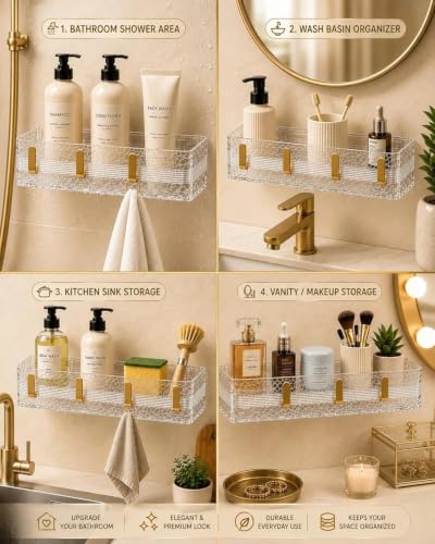 Image of Transparent Acrylic Shower Caddy with Golden Hooks| Bathroom Wall Shelf Organizer with Tier Storage for Toiletries, Shampoo, Skincare, Cosmetics & Bathroom Accessories