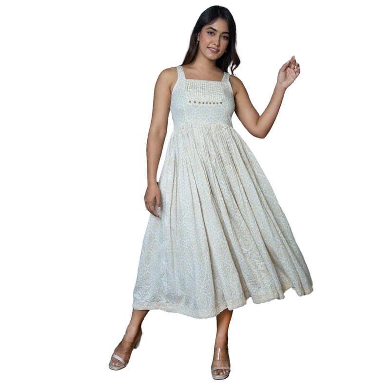 AaheliWomen's Mulmul Eileen Ivory Hand Block Printed Dress