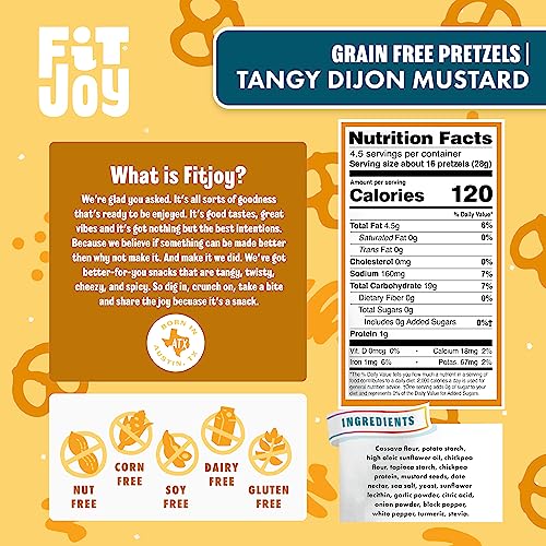 Image of FitJoy Tangy Dijon Mustard Pretzels (Pack of 6, 4.5 Oz) - Dairy, Nut & Gluten Free Snacks - Grain Free Cassava Root & Chickpea Flour Vegan Pretzel Twists - Tangy Snack Pretzels for Children & More