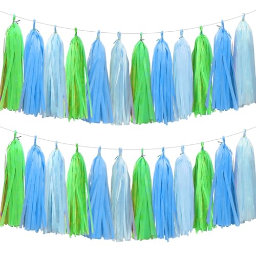 Image of Blue Light Blue and Green Tassel Garland Banner Paper Tassels for Party Decorations,Pack of 15