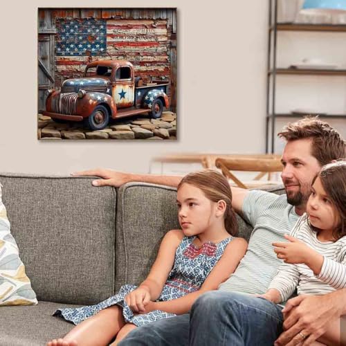 Image of Stamped Cross Stitch Kits for Adults - Truck American Flag Embroidery Kits for Beginners Adults,11 CT Patterns Dimensions Counted Cross Stitch Kits for Arts Craft Kits 14X 14 inch