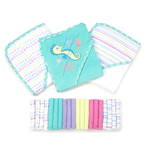 Image of Spasilk Baby 23 Piece Bath Hooded Towels and Washcloths Set for Newborn Boys and Girls