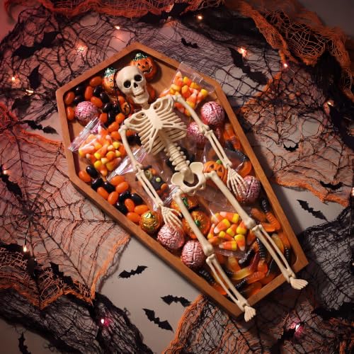 Seeloowy Halloween Coffin Charcuterie with Skeleton Stand Large Wood Charcuterie Board Coffin Tray Spooky Gothic Home Decor Dessert Tray for Halloween Party Accessories(Large Natural Wood Color)