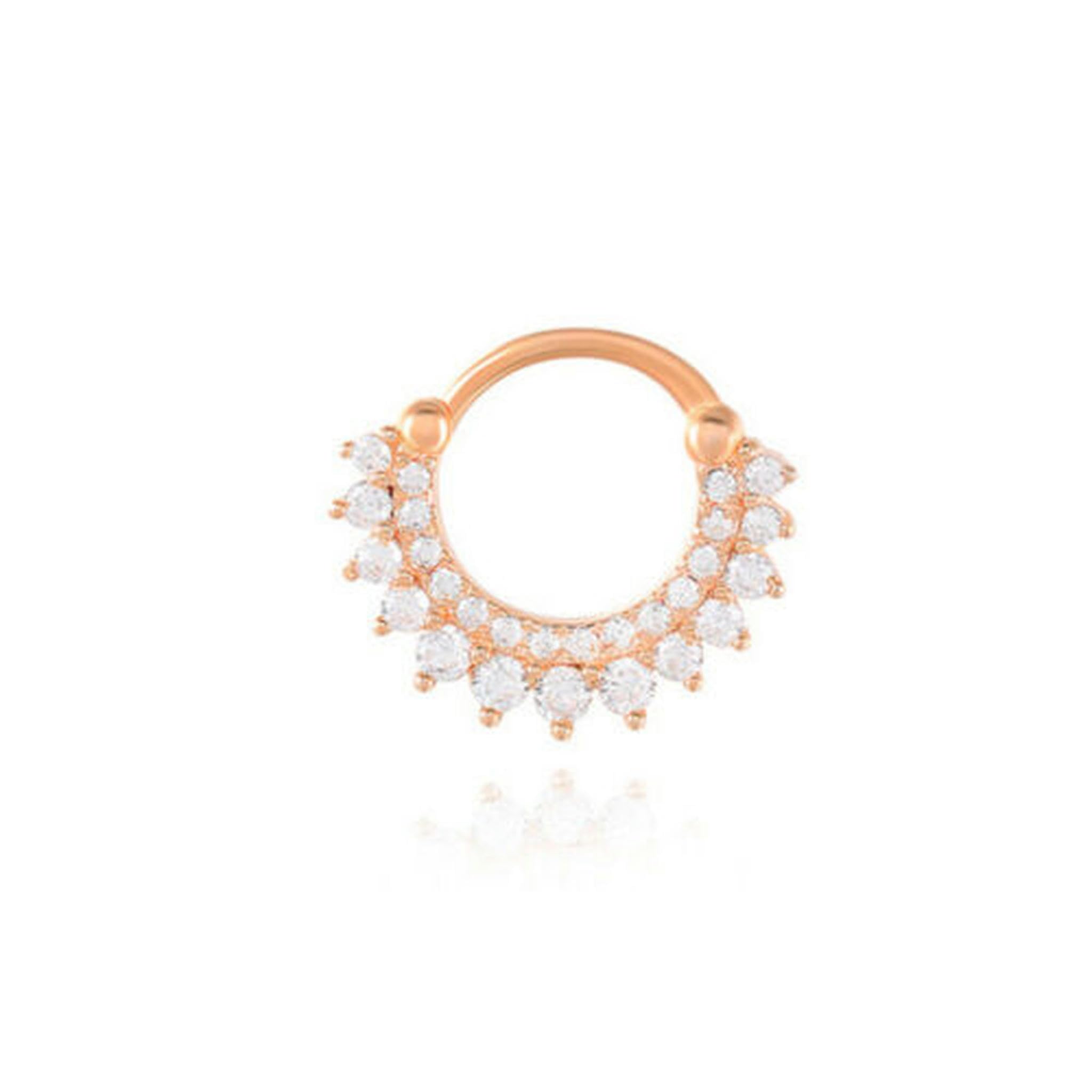 Anello da Naso con clicker in Cristallo CZ, Piercing in Argento Sterling 925, Cerchio A4492-C - Oro Rosa con Pietra Bianca