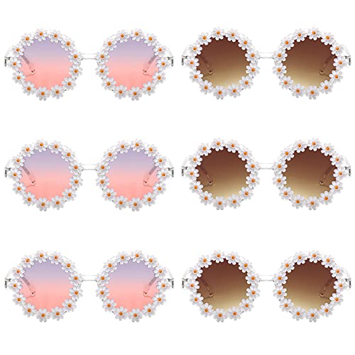 VIOKKO 6 Pairs Round Daisy Flower Sunglasses for Women Girls Flower Shaped Retro Disco Festival Sunglasses Glasses Eyewear for Outdoor Beach Party Favors